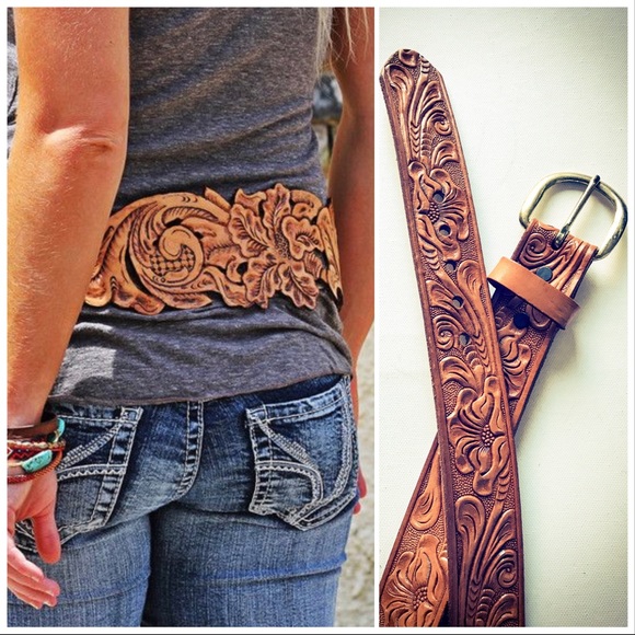Accessories - Western Style Rodeo Brown Leather Tooled Belt